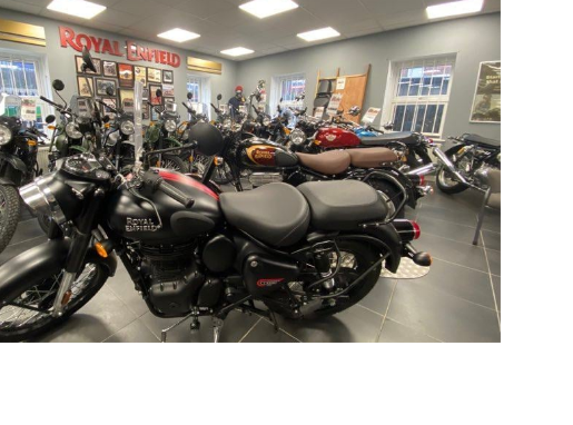 Brian Gray's Powerbiking inside store with Royal Enfield motorcycles
